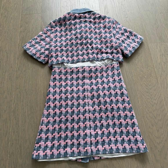 Sandro Amadora Dress Pink Blue Denim Trim Houndstooth Tweed Mini FR 36 US 4 - Picture 3 of 15